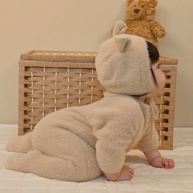 Baby Bear Hooded Mink Fur Foot Jumpsuit Brown - Image 3