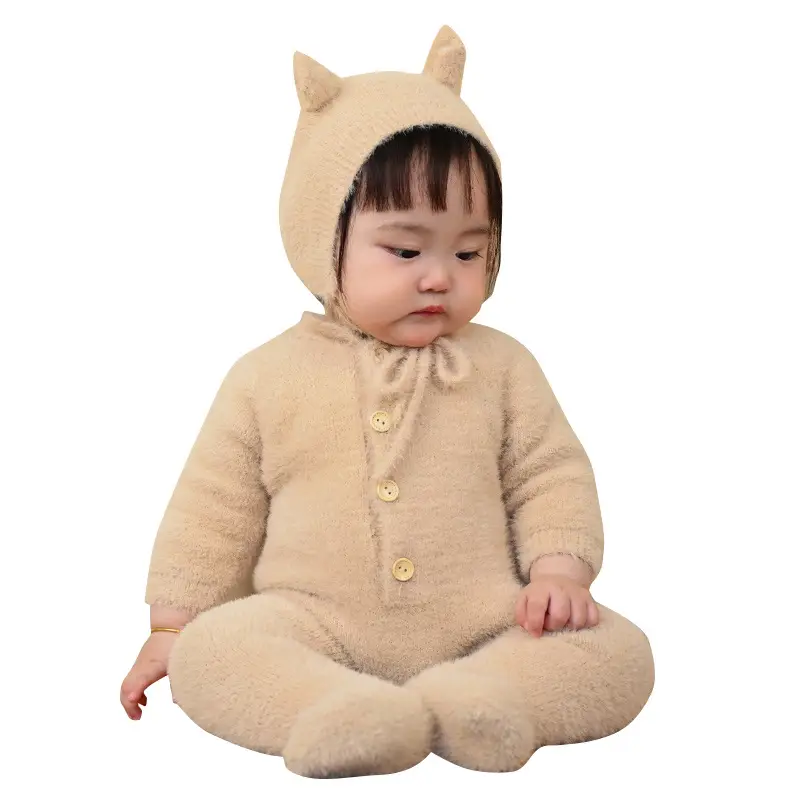 Baby Bear Hooded Mink Fur Foot Jumpsuit Brown - Image 5