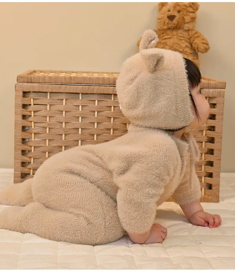 Baby Bear Hooded Mink Fur Foot Jumpsuit Brown — feature 32