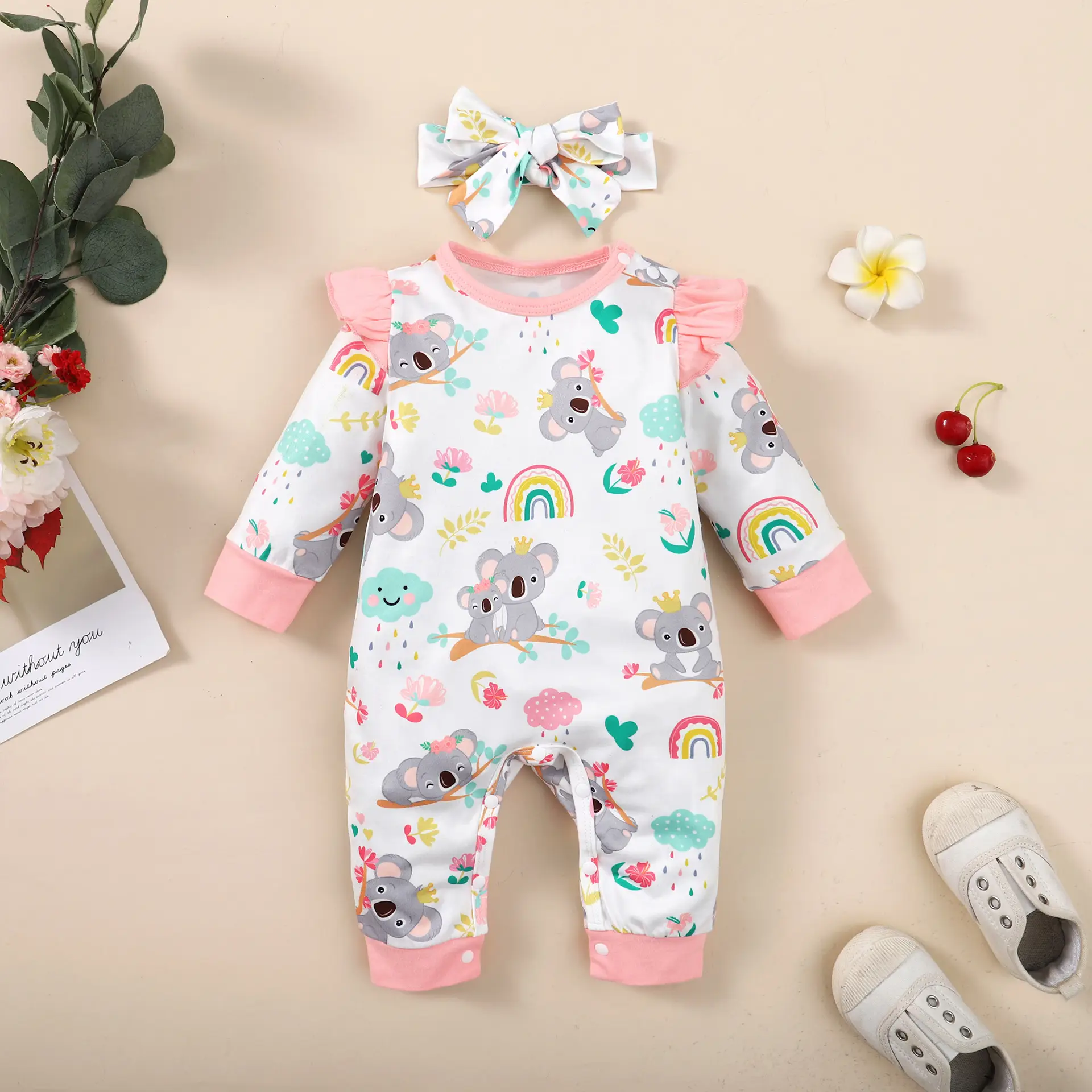 Cute Koala Printed Baby One-Piece Set Pink Bow - Image 2
