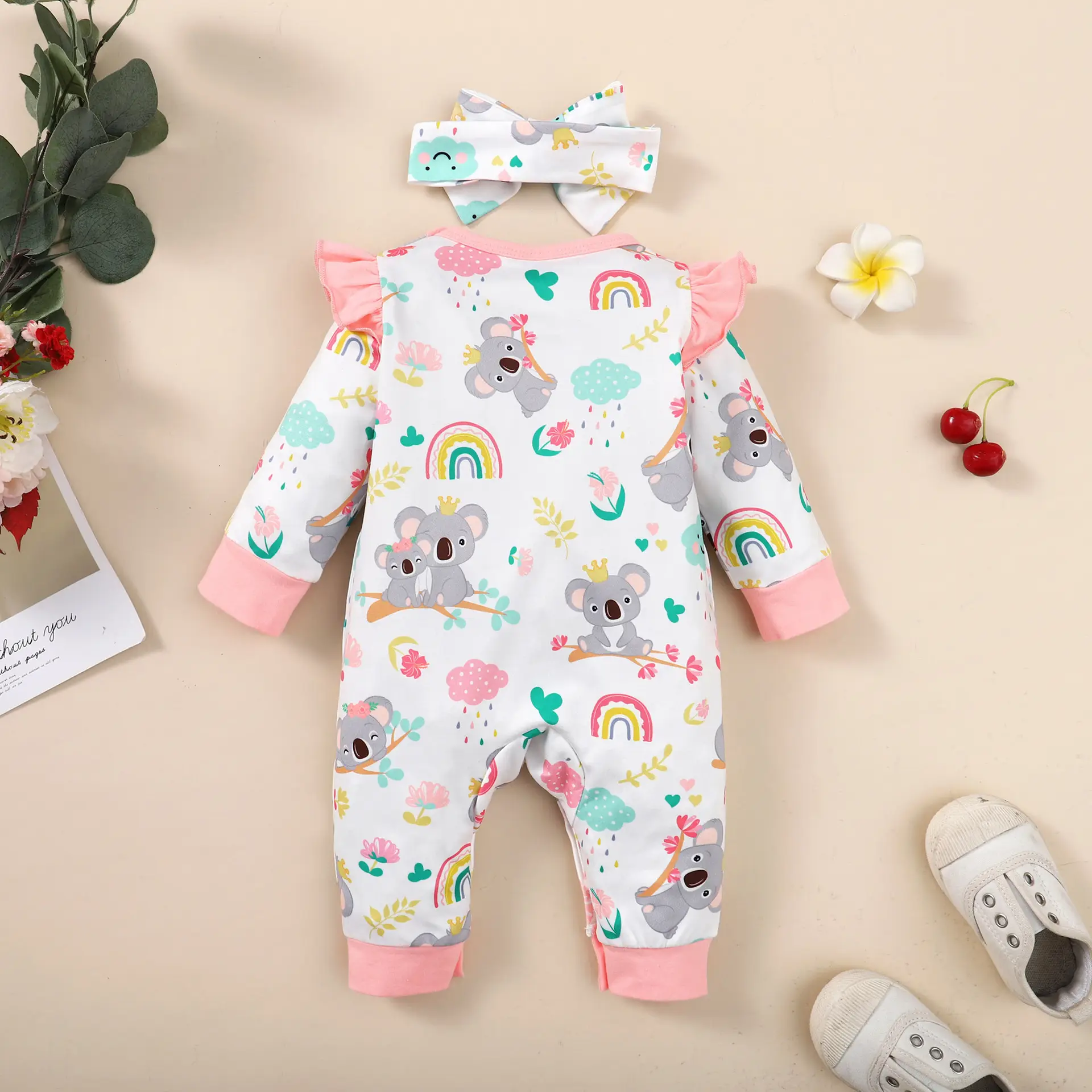 Cute Koala Printed Baby One-Piece Set Pink Bow — feature 2