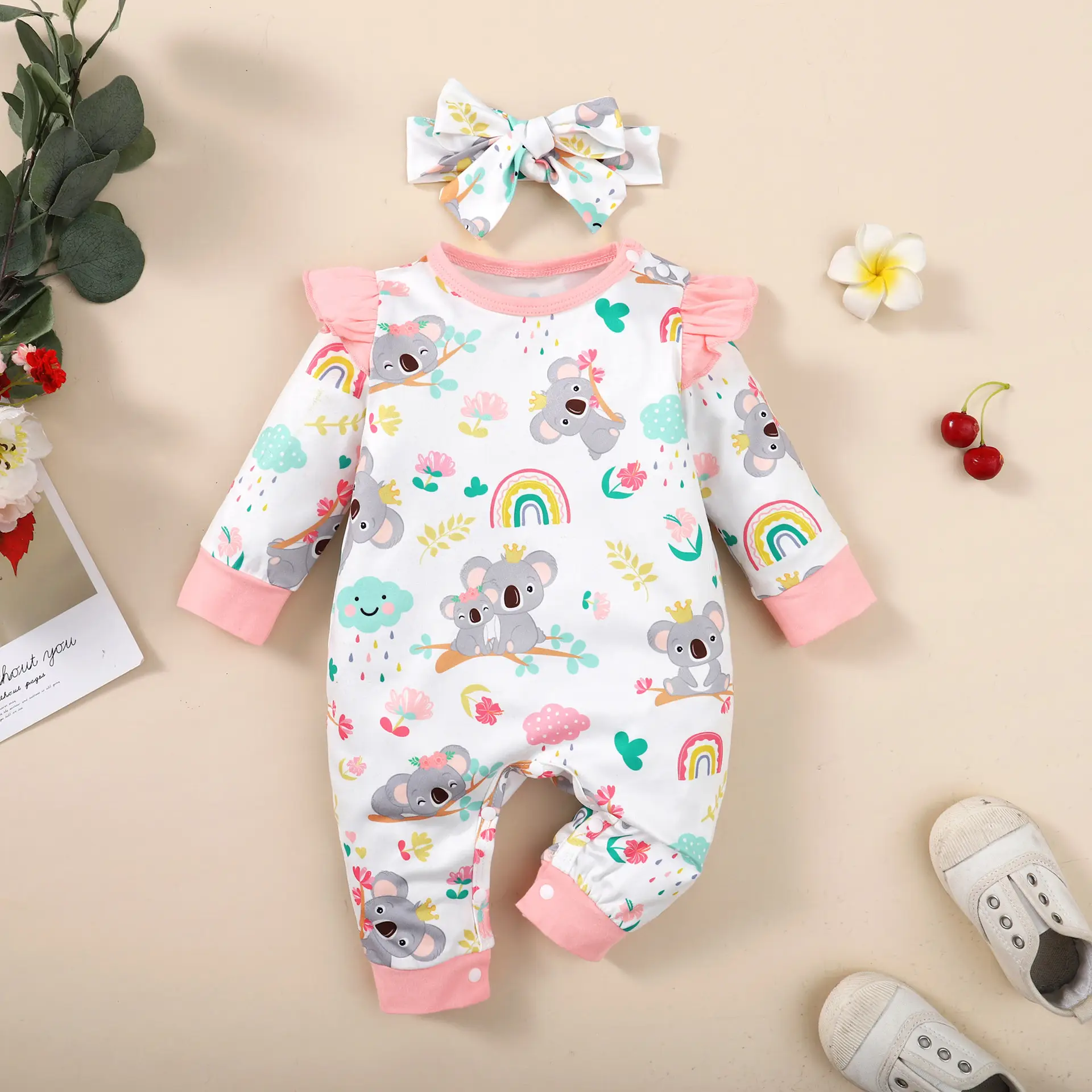 Cute Koala Printed Baby One-Piece Set Pink Bow — feature 3
