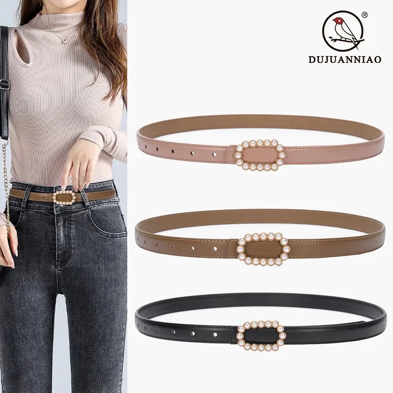 Women's Green Genuine Leather Belt with Pearl Buckle - Image 26