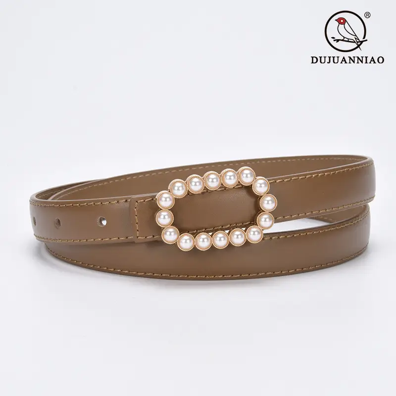 Women's Green Genuine Leather Belt with Pearl Buckle - Image 27