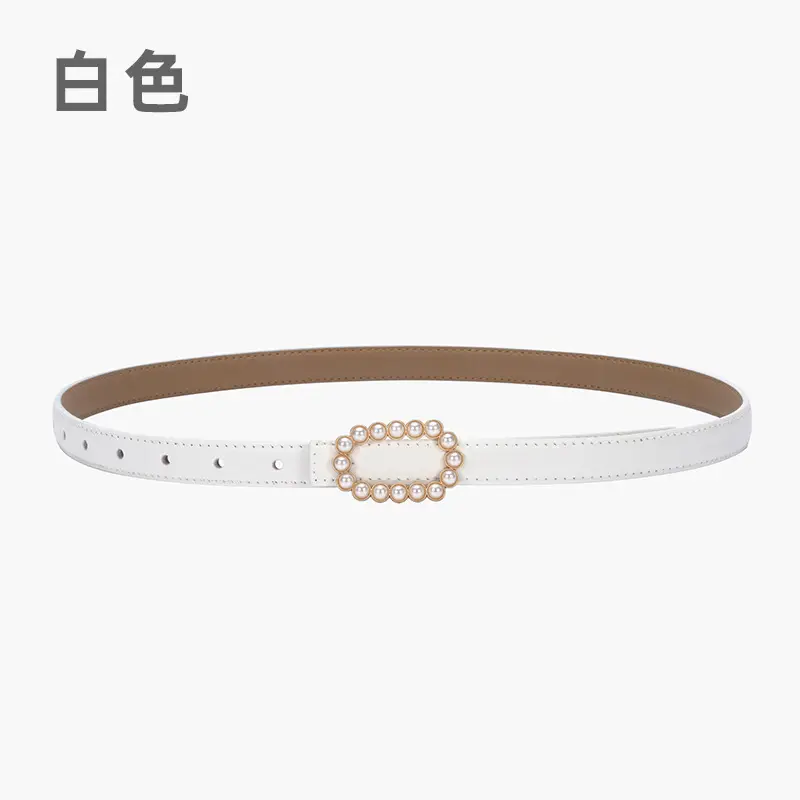 Women's Green Genuine Leather Belt with Pearl Buckle