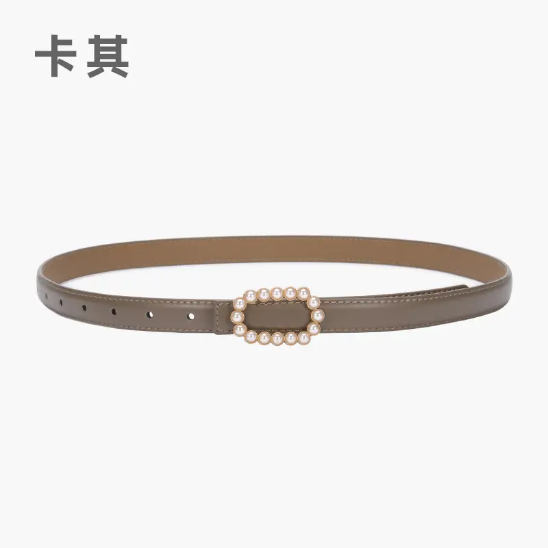 Women's Green Genuine Leather Belt with Pearl Buckle - Image 10