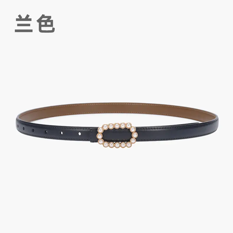 Women's Green Genuine Leather Belt with Pearl Buckle - Image 11