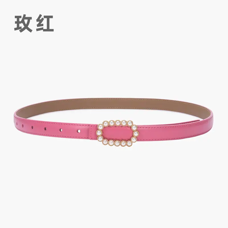 Women's Green Genuine Leather Belt with Pearl Buckle - Image 13