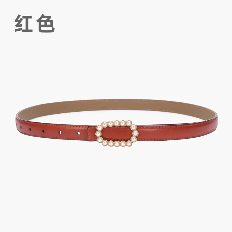 Women's Green Genuine Leather Belt with Pearl Buckle - Image 23