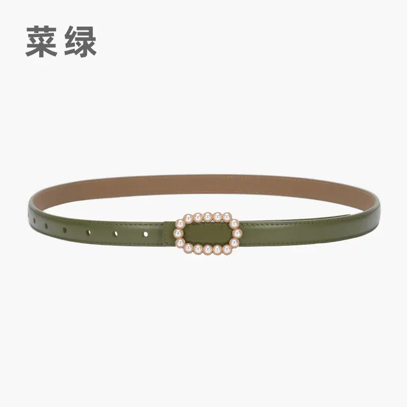Women's Green Genuine Leather Belt with Pearl Buckle - Image 3