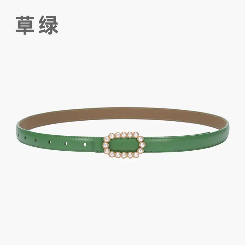 Women's Green Genuine Leather Belt with Pearl Buckle - Image 4