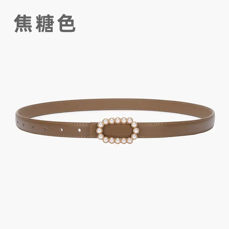 Women's Green Genuine Leather Belt with Pearl Buckle - Image 7