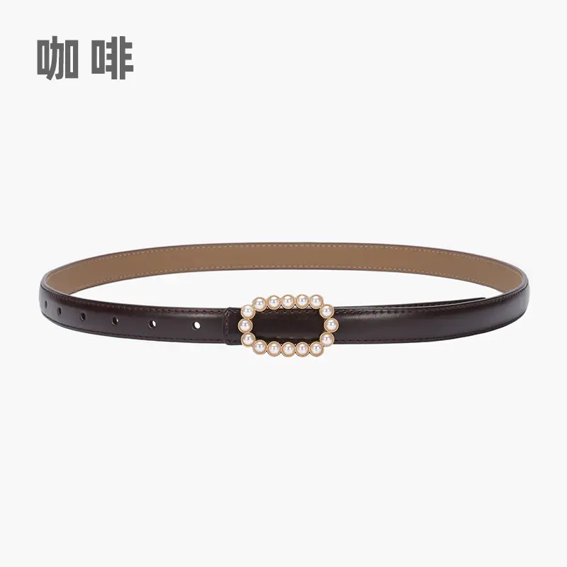 Women's Green Genuine Leather Belt with Pearl Buckle - Image 9