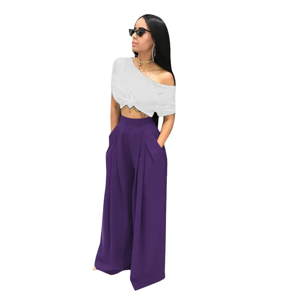 Purple Wide-leg Pants with Off-Shoulder Top for Women - Image 9