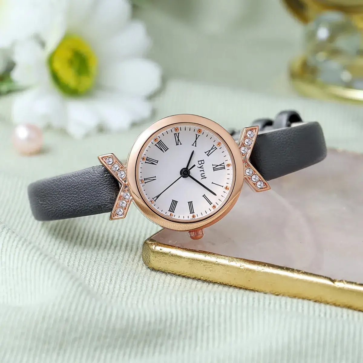 Gold Watch with Diamond Crown & Leather Band - Image 6