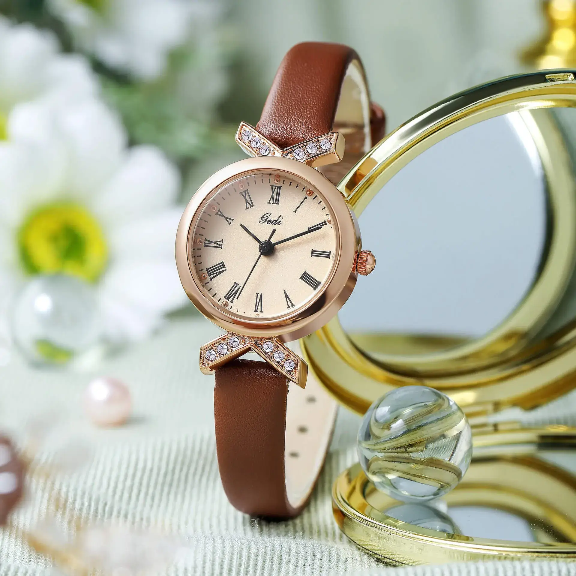 Gold Watch with Diamond Crown & Leather Band - Image 7