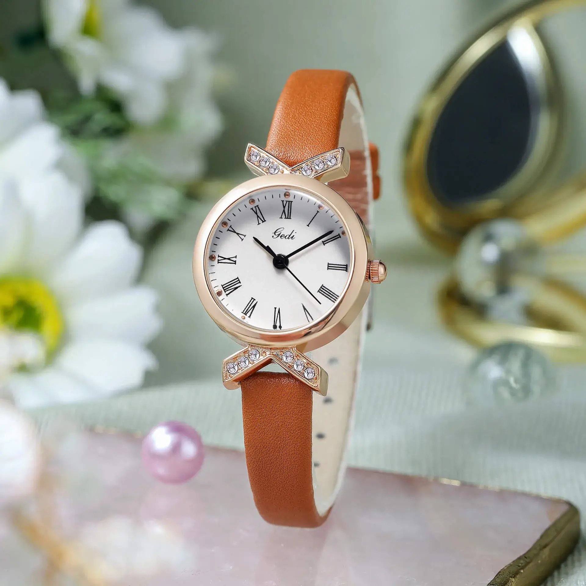Gold Watch with Diamond Crown & Leather Band - Image 8