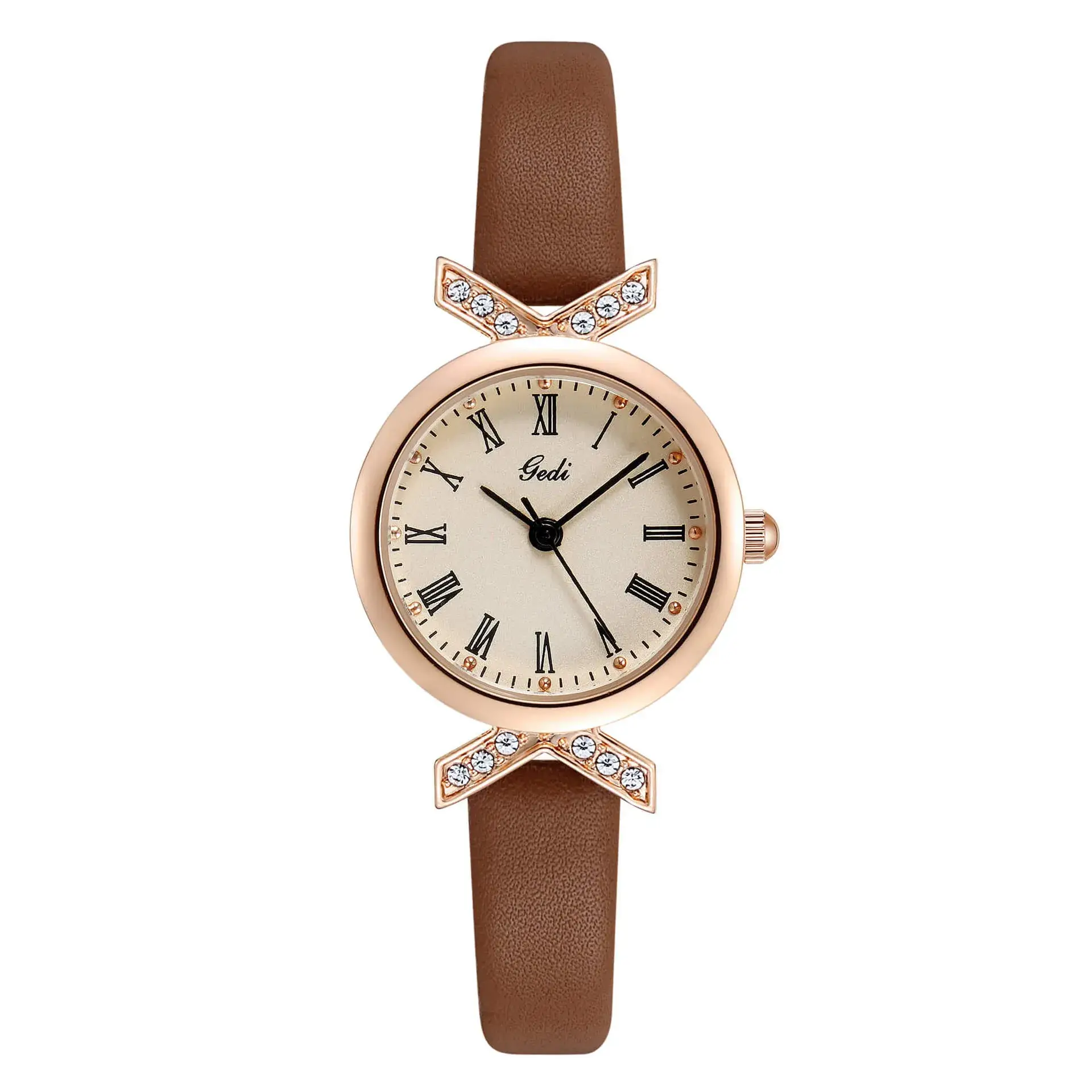 Gold Watch with Diamond Crown & Leather Band - Image 9