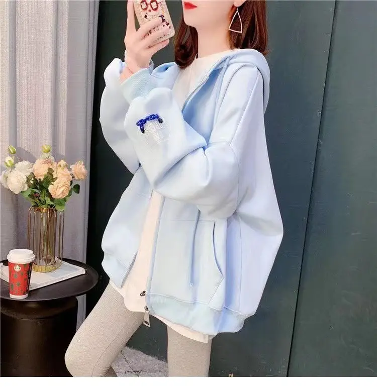 Women's Light Blue Zipper Coat Loose Tide Ins S/S — feature 16