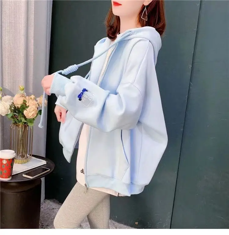 Women's Light Blue Zipper Coat Loose Tide Ins S/S — feature 18