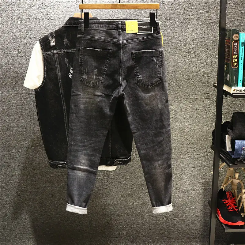 Men Vintage Denim Pants Slim Fit Stretch Ankle - Image 5