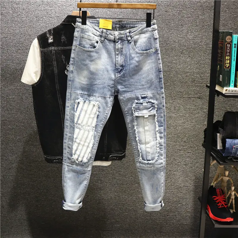 Men Vintage Denim Pants Slim Fit Stretch Ankle - Image 6