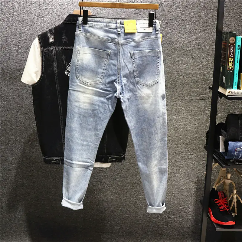 Men Vintage Denim Pants Slim Fit Stretch Ankle - Image 7