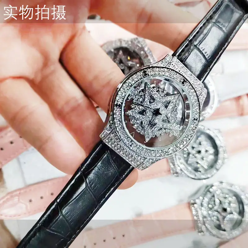 Diamond-Embedded Hollow Starry Watch with White Leather Strap - Image 5