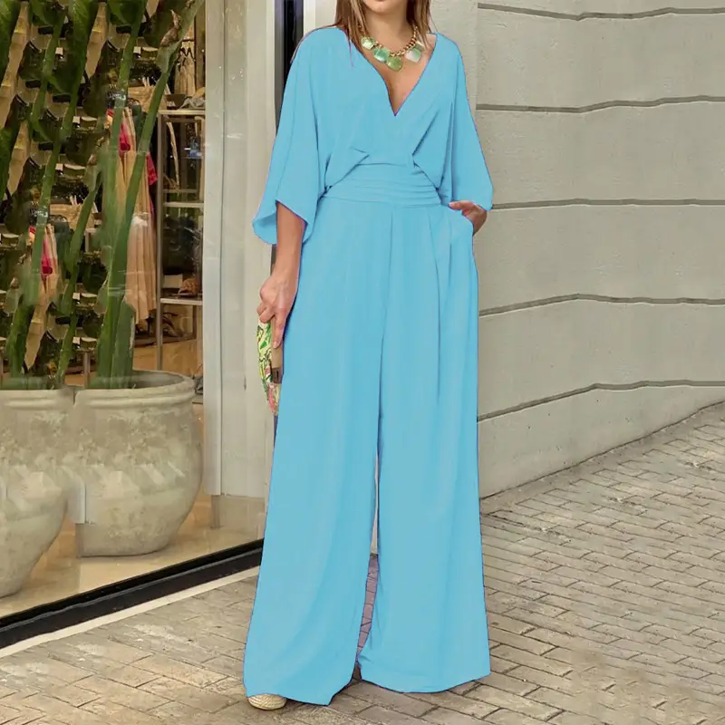 2025 White Wide Leg V Neck Plus Size Jumpsuit — feature 39
