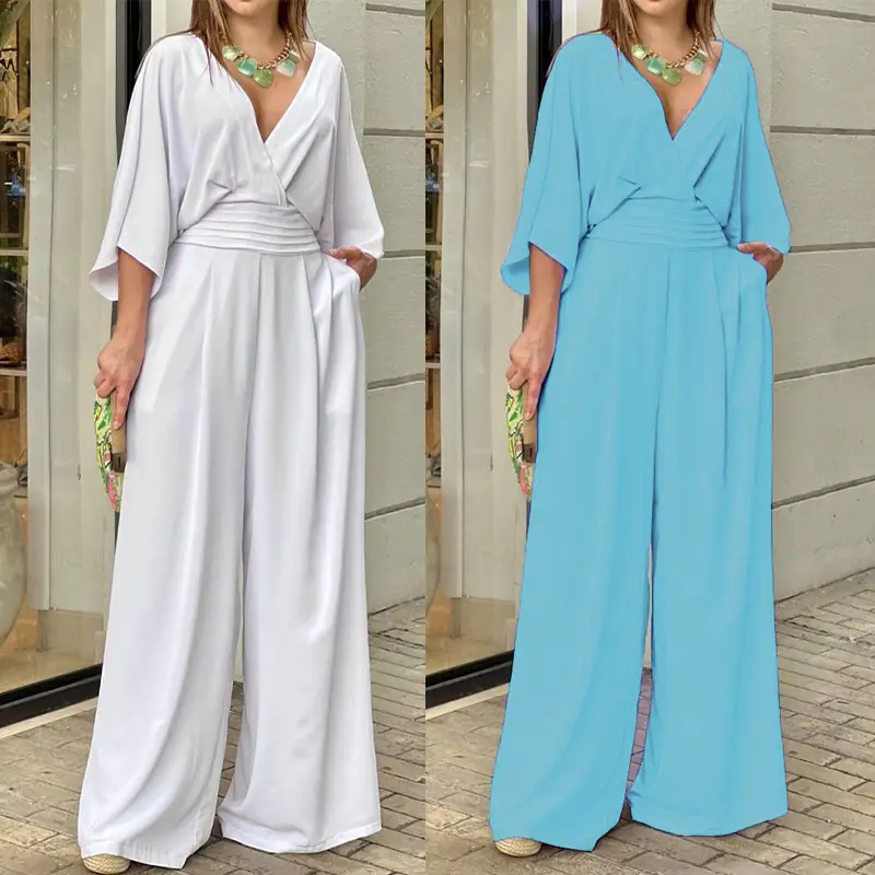 2025 White Wide Leg V Neck Plus Size Jumpsuit - Image 7