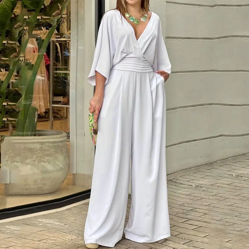 2025 White Wide Leg V Neck Plus Size Jumpsuit — feature 37