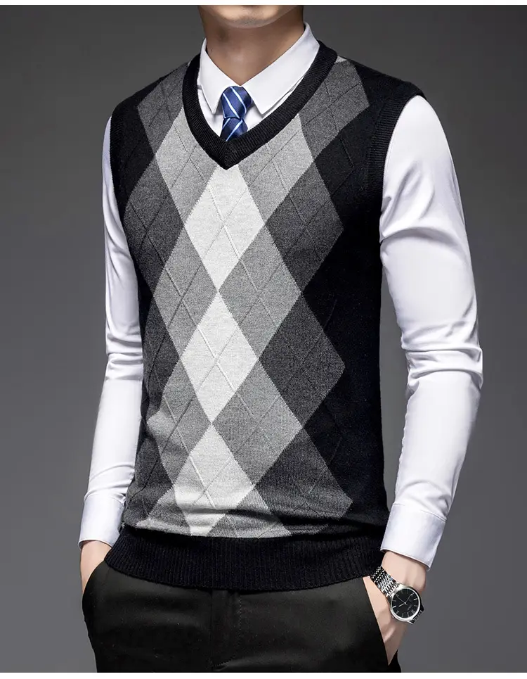 Men's Black V-Neck Knitted Sleeveless Vest — feature 18