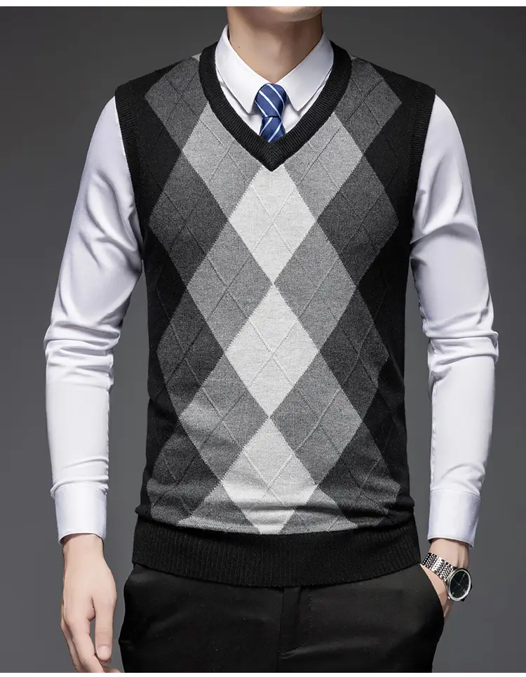 Men's Black V-Neck Knitted Sleeveless Vest — feature 19