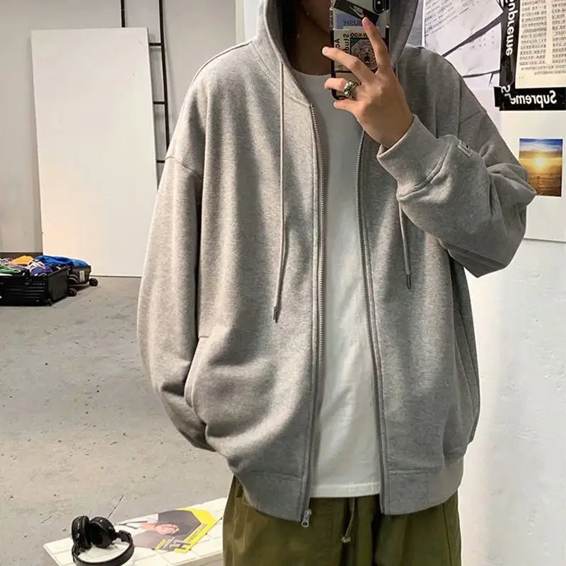Men's Grey Hooded Hoodie Jacket All Season Loose Fit - Image 8