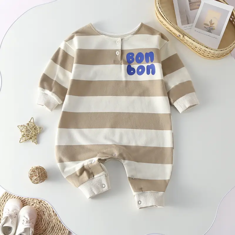 2022 Korean Baby Striped Long Sleeve Suit Brown Beige - Image 8