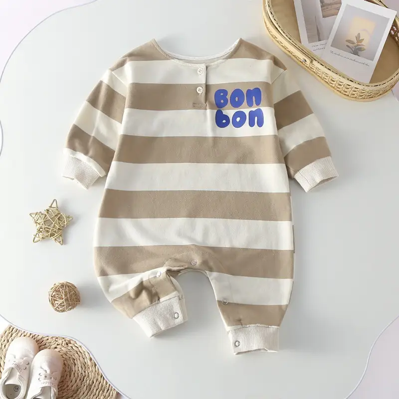 2022 Korean Baby Striped Long Sleeve Suit Brown Beige - Image 3