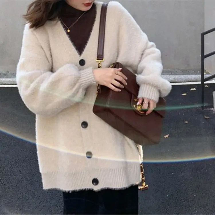 Women V Neck Knitted Mink Velvet Cardigan Jacket Black