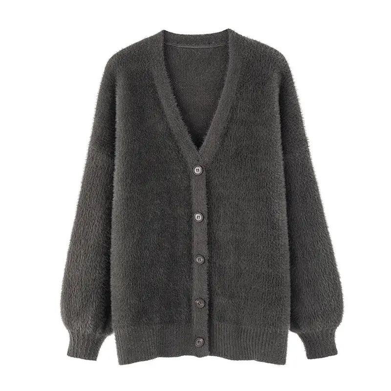 Women V Neck Knitted Mink Velvet Cardigan Jacket Black