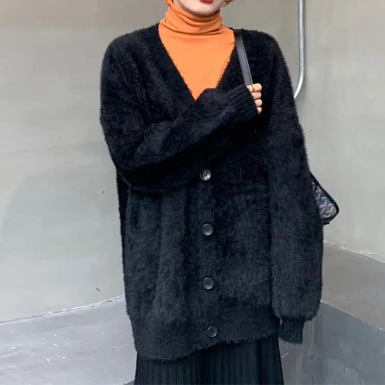 Women V Neck Knitted Mink Velvet Cardigan Jacket Black