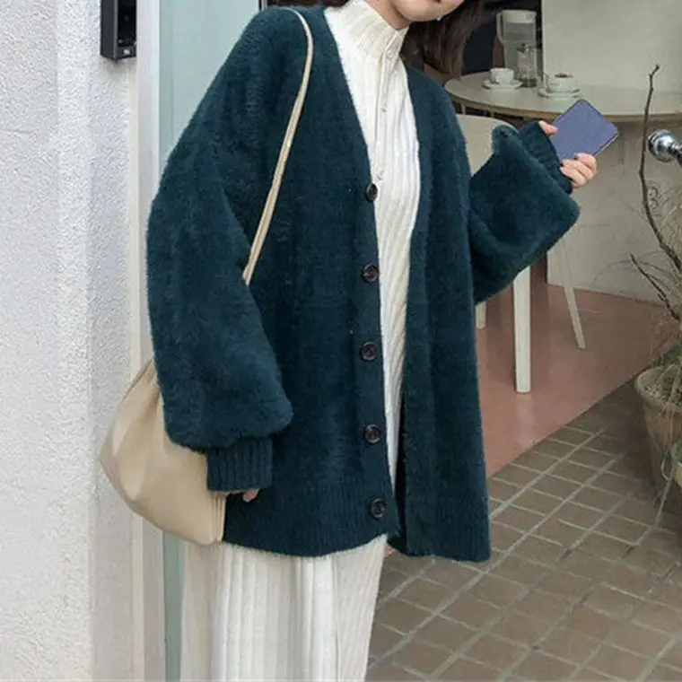 Women V Neck Knitted Mink Velvet Cardigan Jacket Black