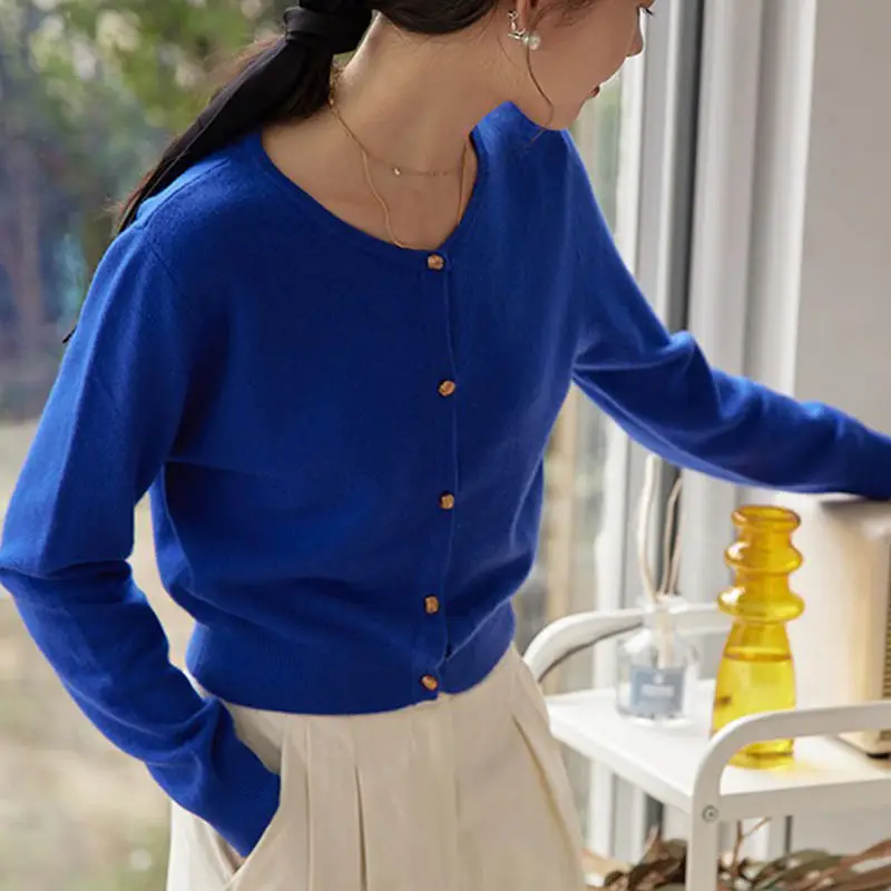 Blue Cotton Round Neck Sweater Jacket for Women Large - Image 3