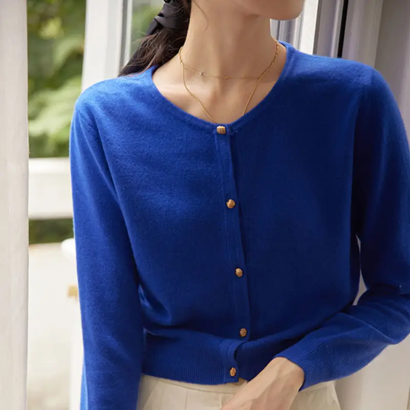 Blue Cotton Round Neck Sweater Jacket for Women Large - Image 5