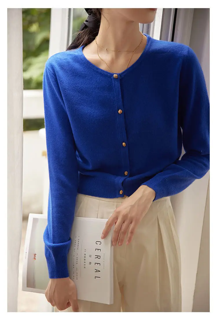 Blue Cotton Round Neck Sweater Jacket for Women Large — feature 12