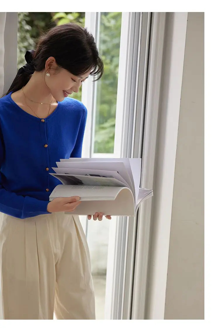 Blue Cotton Round Neck Sweater Jacket for Women Large — feature 13