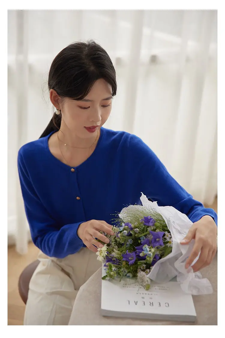 Blue Cotton Round Neck Sweater Jacket for Women Large — feature 15