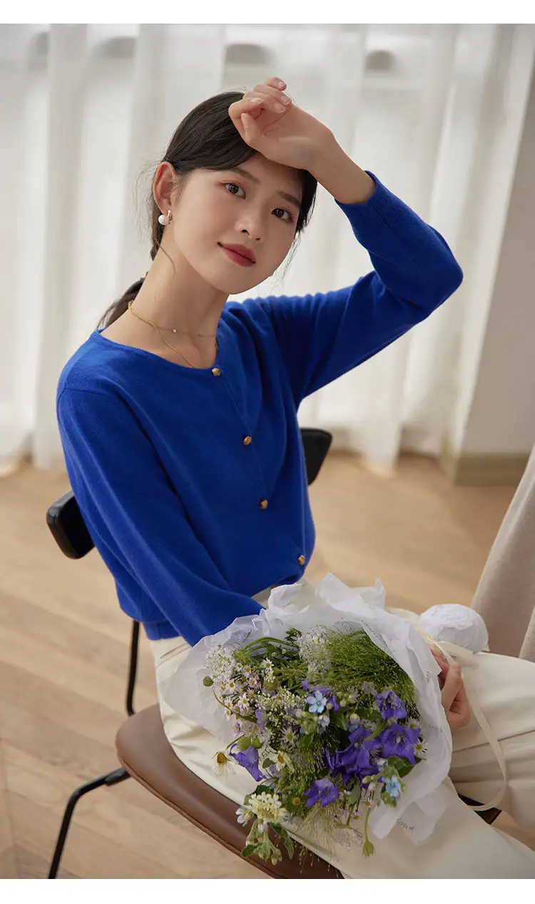 Blue Cotton Round Neck Sweater Jacket for Women Large — feature 16