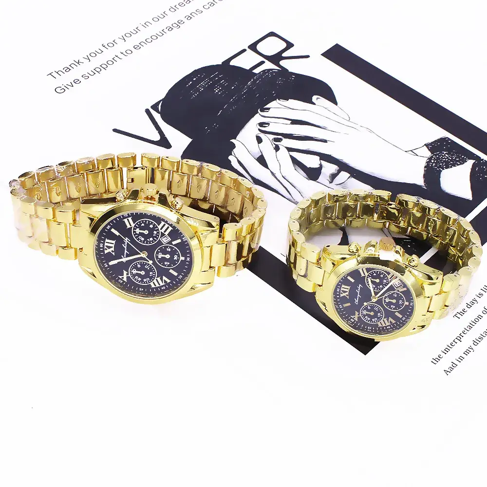 Gold Steel Wrist Watch Set for Couples - Image 5