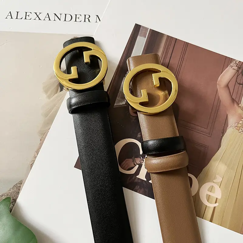 Women's Leather Belt with Gold GG Buckle Beige - Image 9