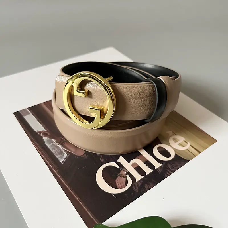 Women's Leather Belt with Gold GG Buckle Beige — feature 18
