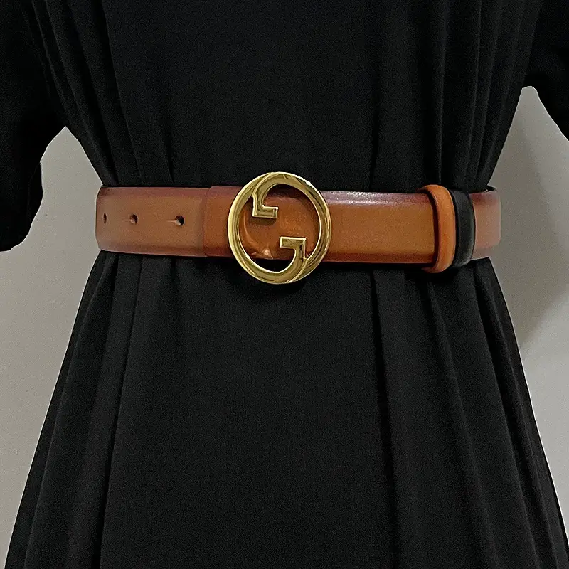 Women's Leather Belt with Gold GG Buckle Beige — feature 9